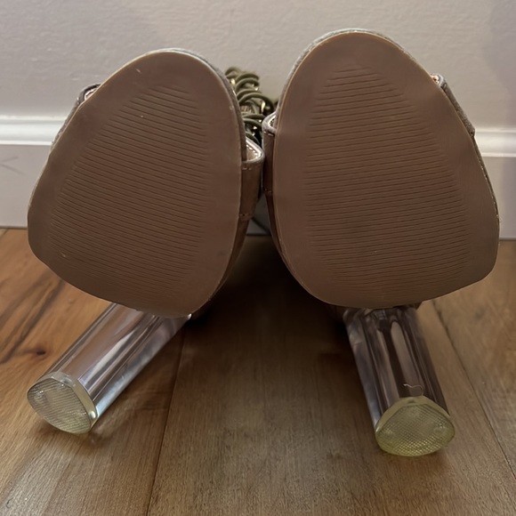 6.5 tan peep toe, lace up booties with clear heel and gold detail NWOT. - Picture 3 of 6